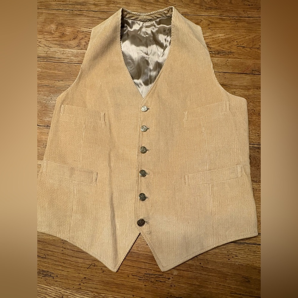 VTG 80’s Old Money Preppy Tan Corduroy Vest w/Satin lining size 44